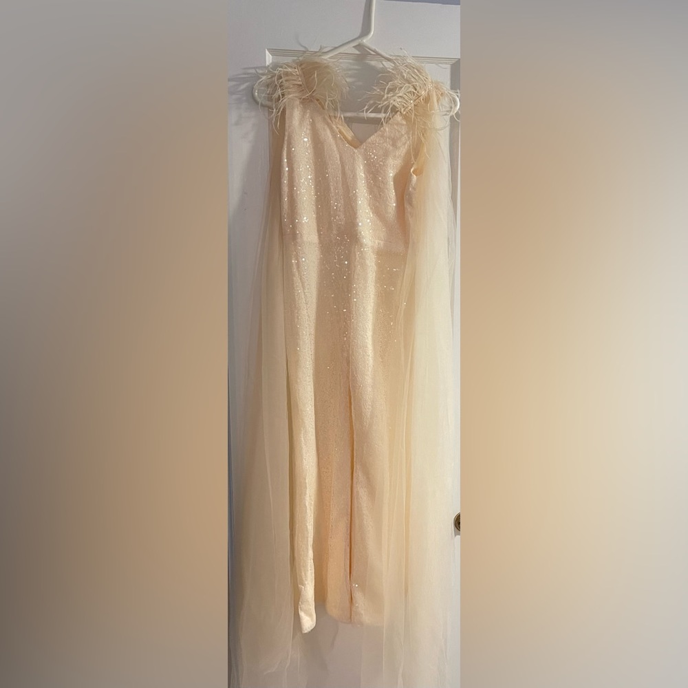 Sequin Jumpsuit- Champagne - Girls Size 10 - Floor Length Cape - Pageant
